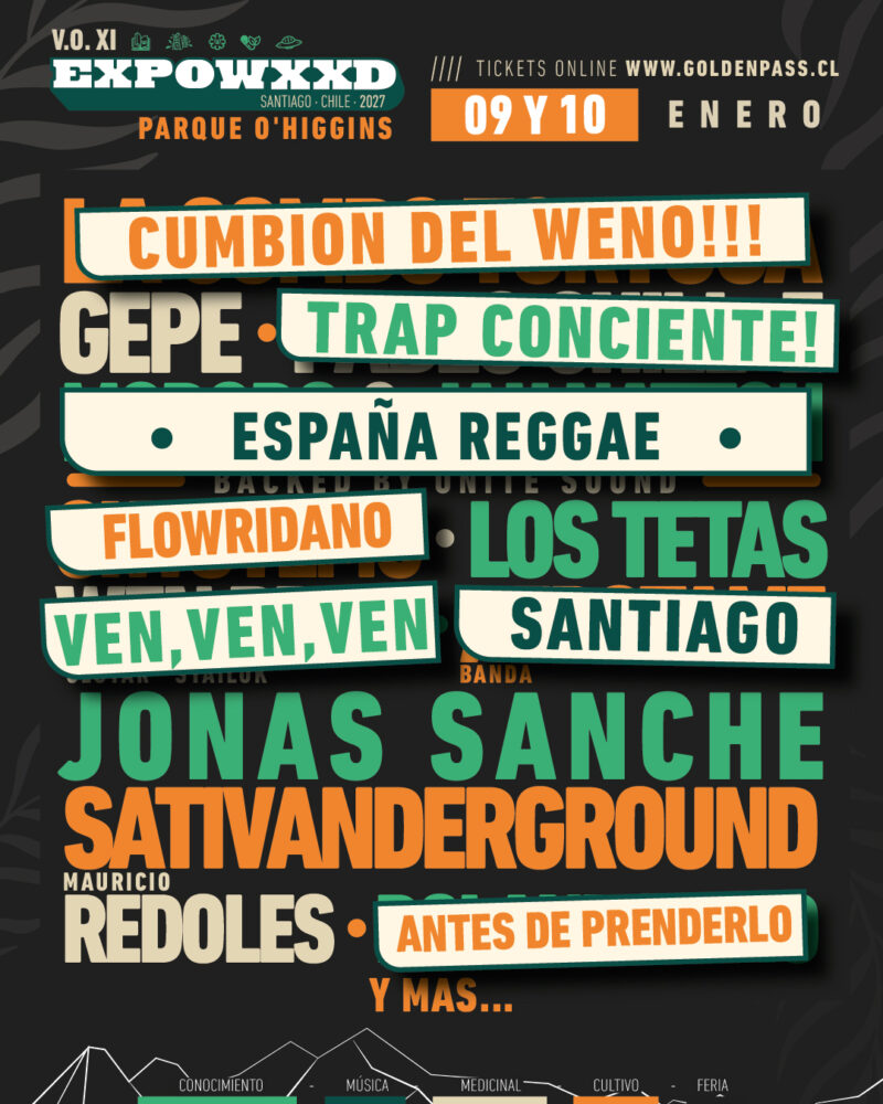 Cartel del line-up de Expoweed. 9 y 10 de enero, Parque O'Higgins.